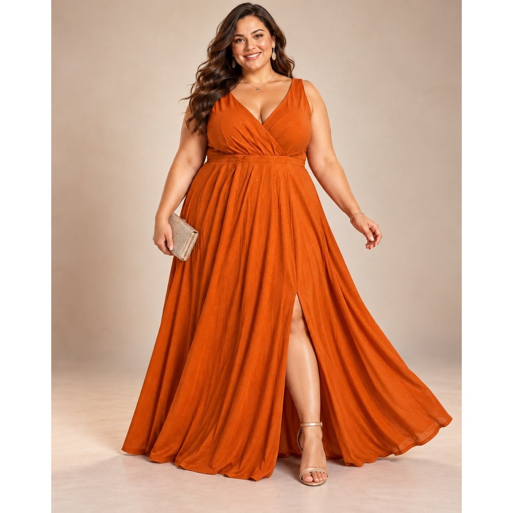 Ever-Pretty Orange Glitter V-Neck Maxi Dress Front Slit  US 26